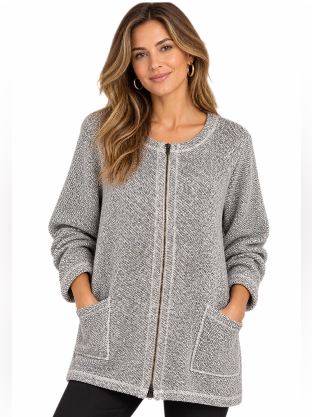EILEEN FISHER Gray 100% Organic Cotton Full Zip Sweater Jacket Pockets Large